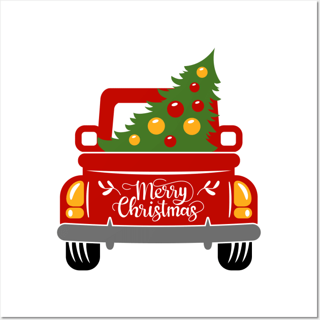 Vintage red trucks carrying christmas tree Wall Art by Hobbybox